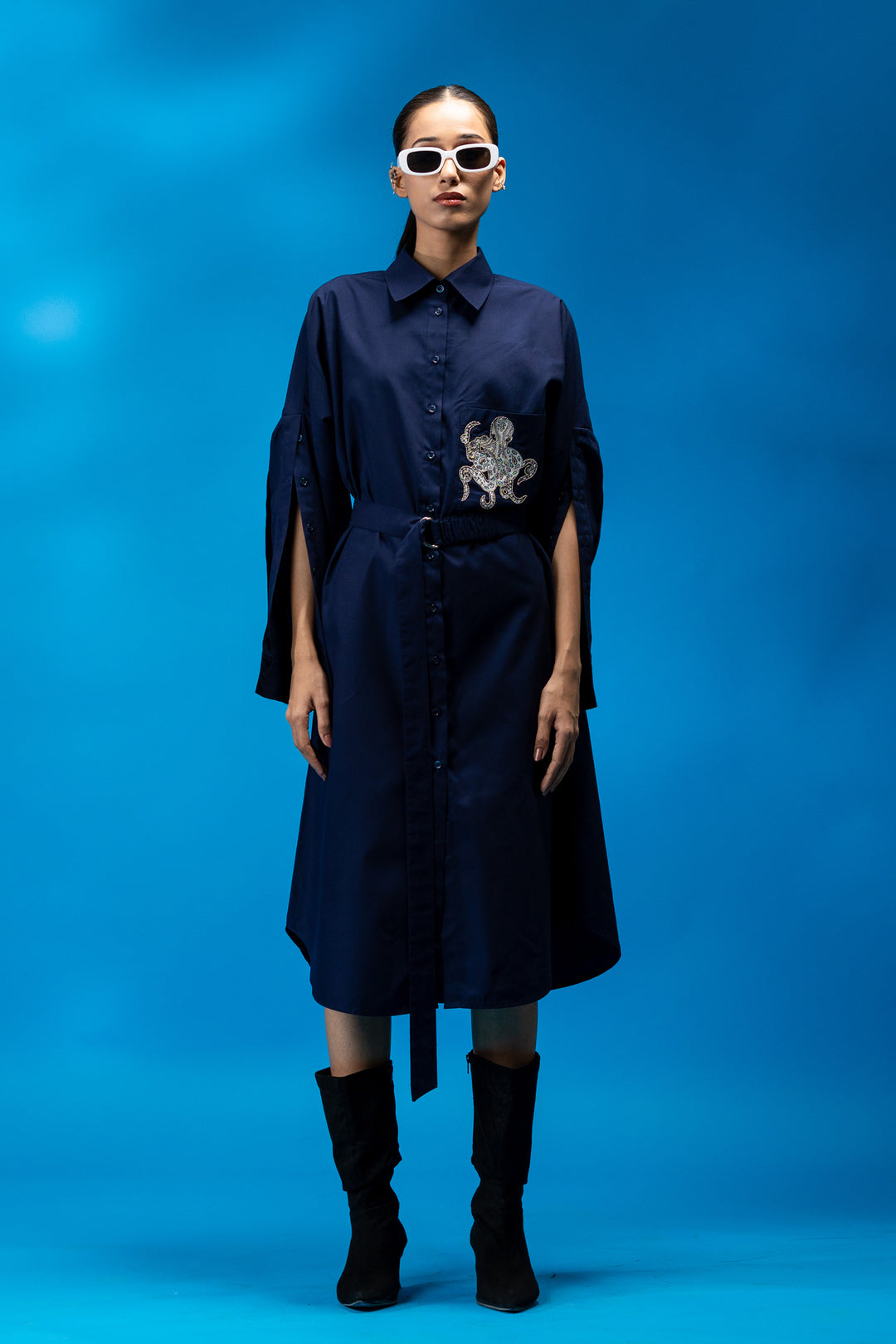 Navy blue pocket embellished shirt dress