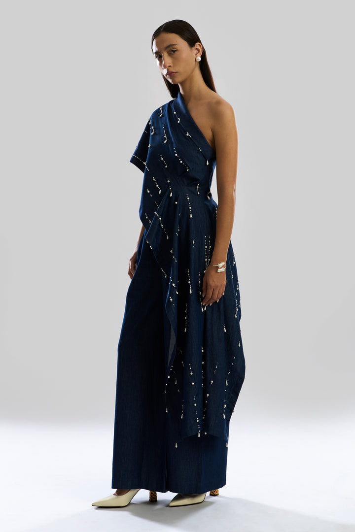 Pearfall Asymmetrical Denim Top