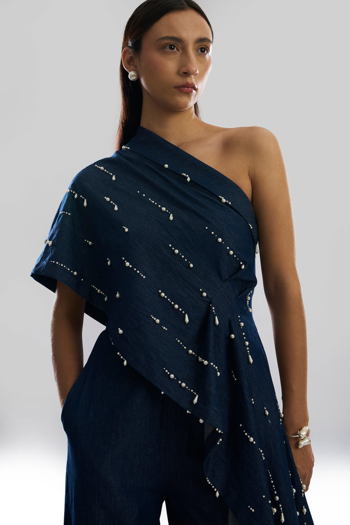 Pearfall Asymmetrical Denim Top