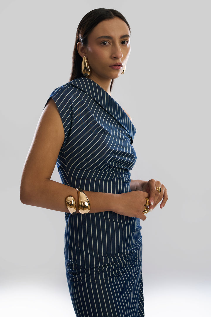 Linear Shift One Shoulder Denim Dress