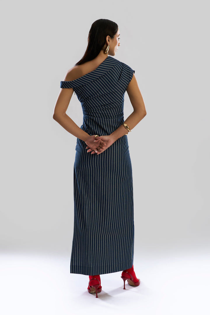Linear Shift One Shoulder Denim Dress