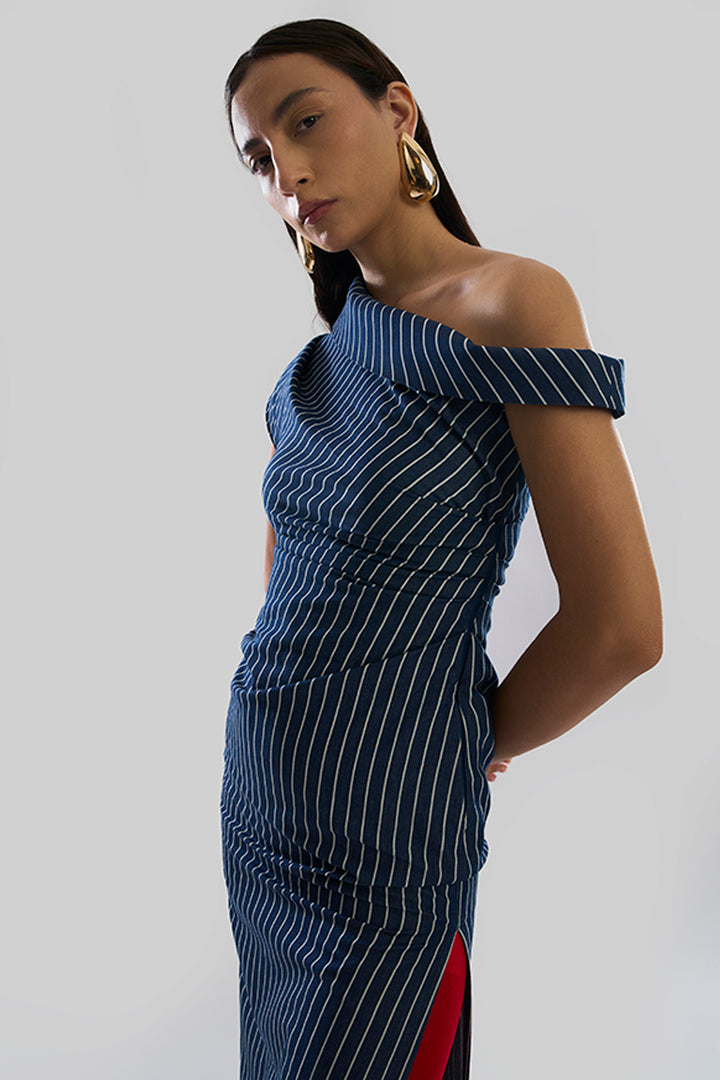 Linear Shift One Shoulder Denim Dress