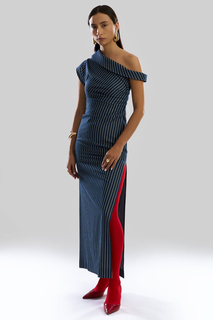 Linear Shift One Shoulder Denim Dress