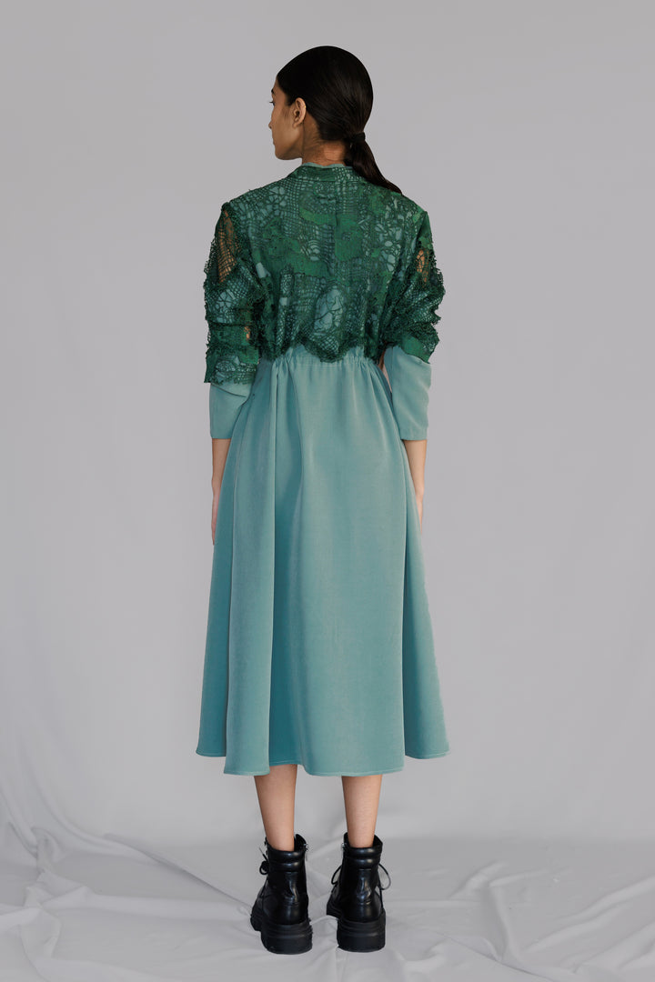 Green map embroidery long dress