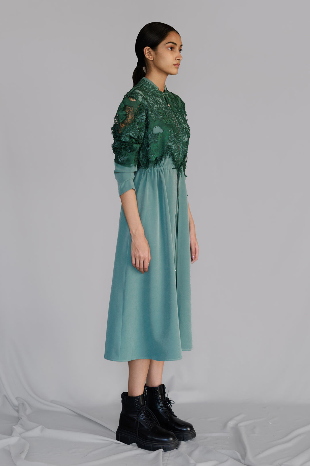 Green map embroidery long dress