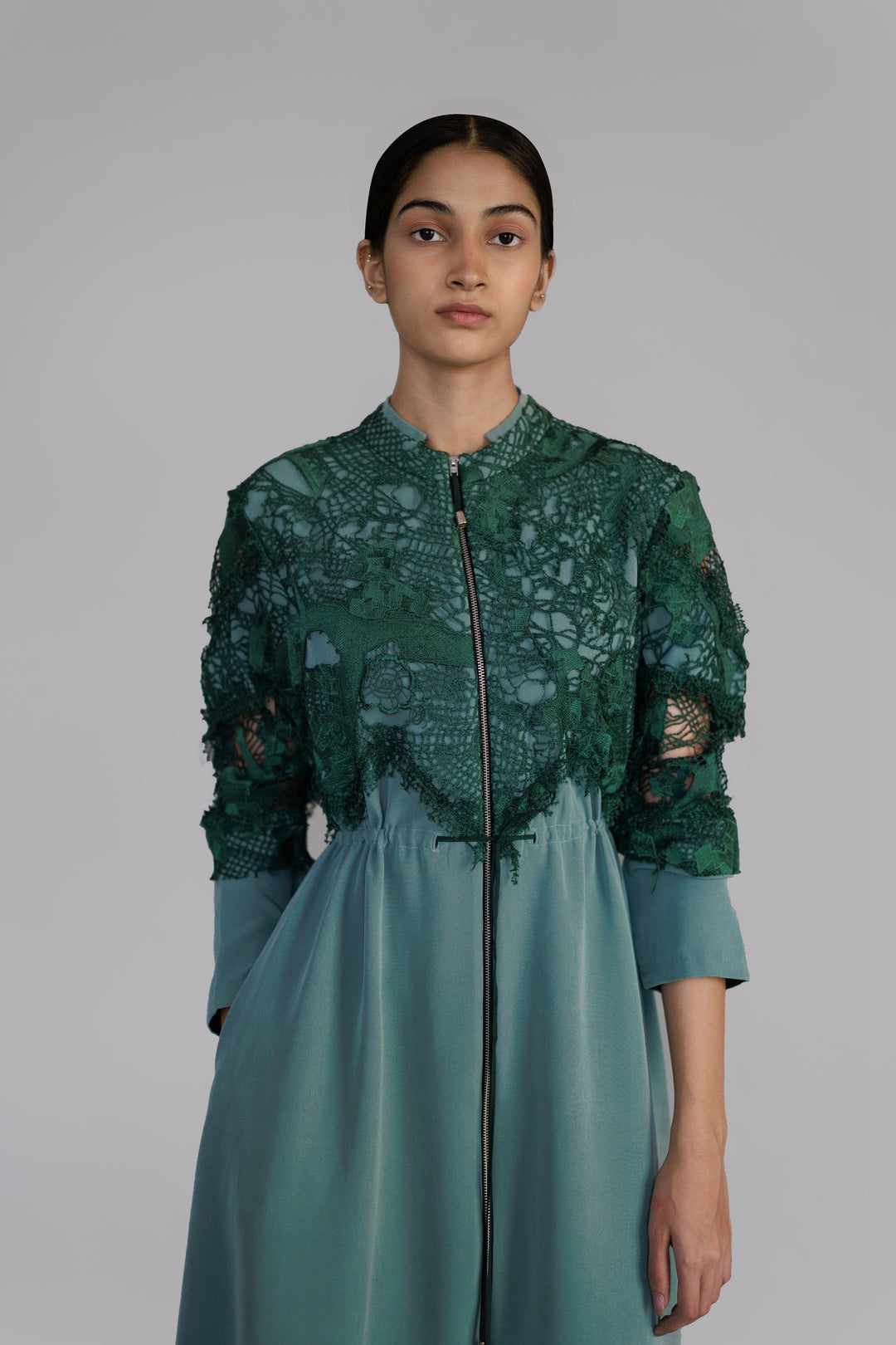 Green map embroidery long dress