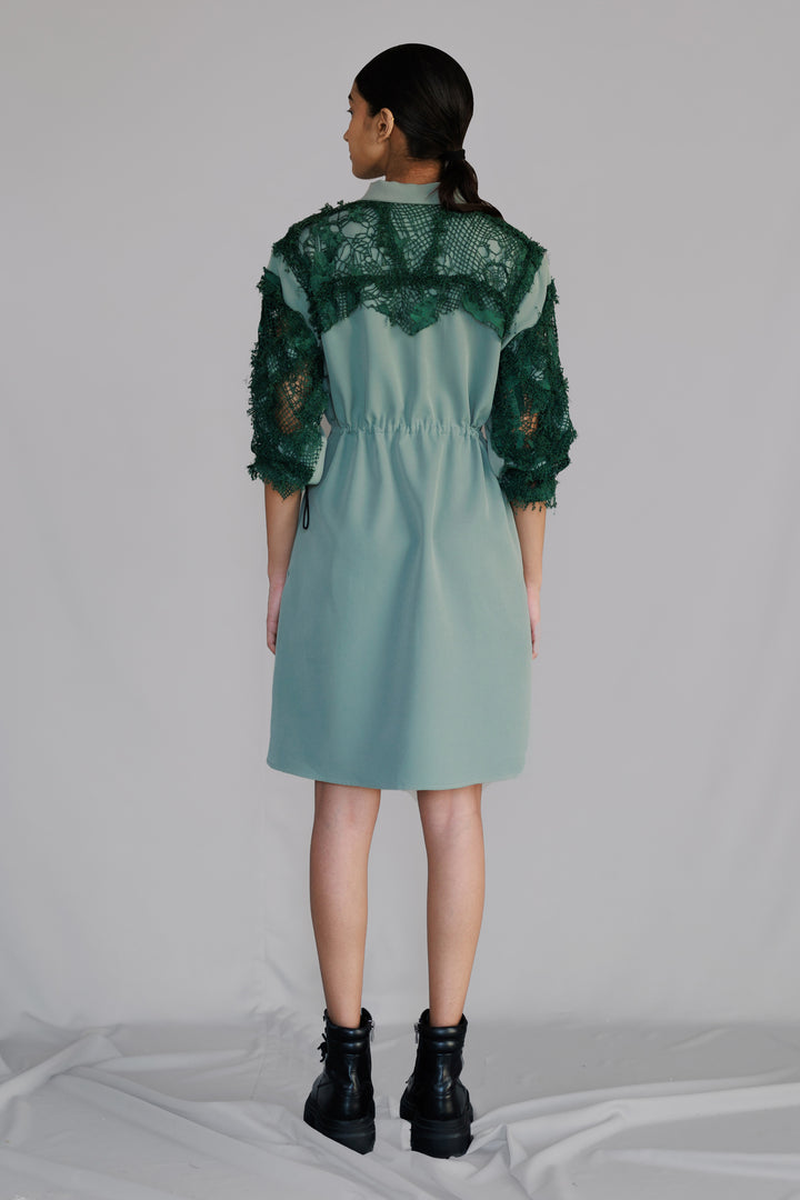 Green map embroidery short dress