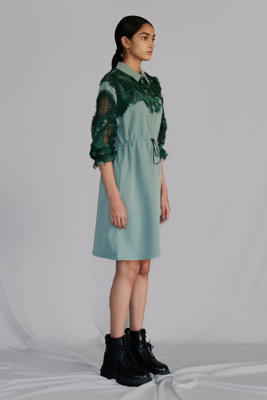 Green map embroidery short dress