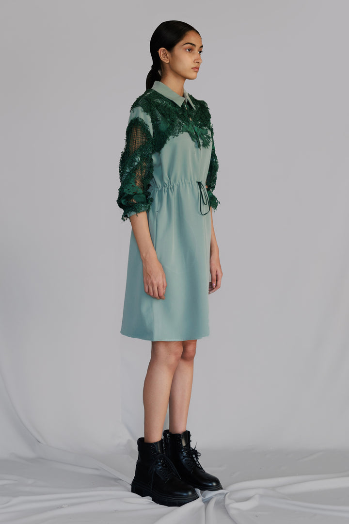 Green map embroidery short dress
