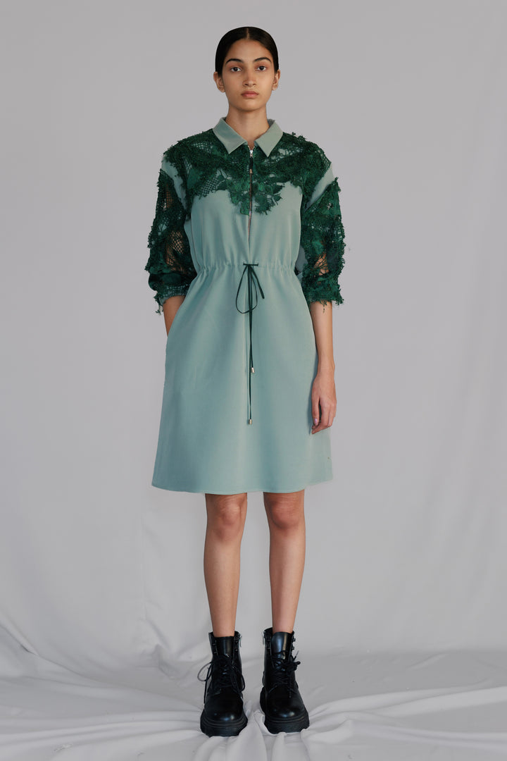 Green map embroidery short dress