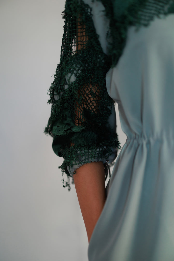 Green map embroidery short dress