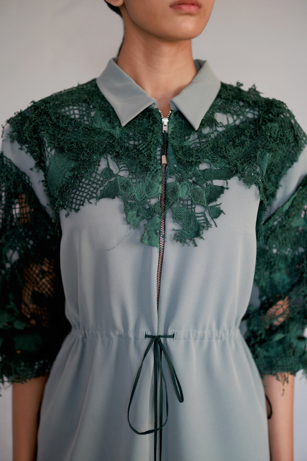 Green map embroidery short dress