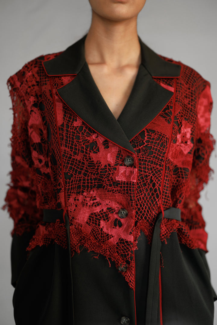 Red map embroidery coat dress