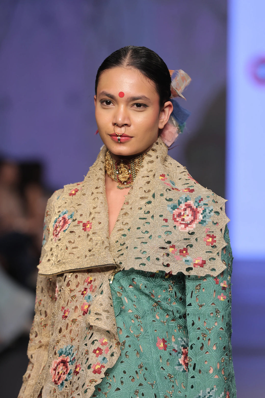 Emb Dual Colored Draped Collar Jacket With Printed Draped Organza Skirt