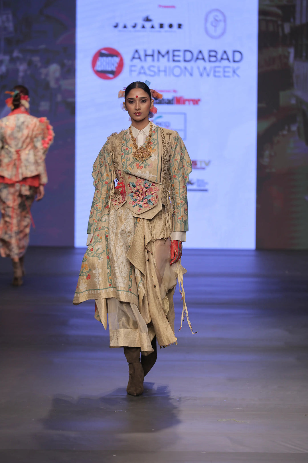 Emb Engineered Draped Jacket With 3D Sleeves + Layered Skirt + Shirt