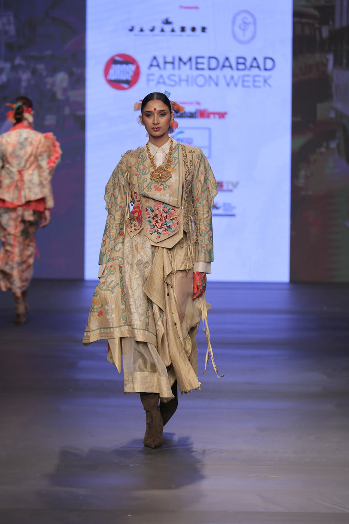 Emb Engineered Draped Jacket With 3D Sleeves + Layered Skirt + Shirt