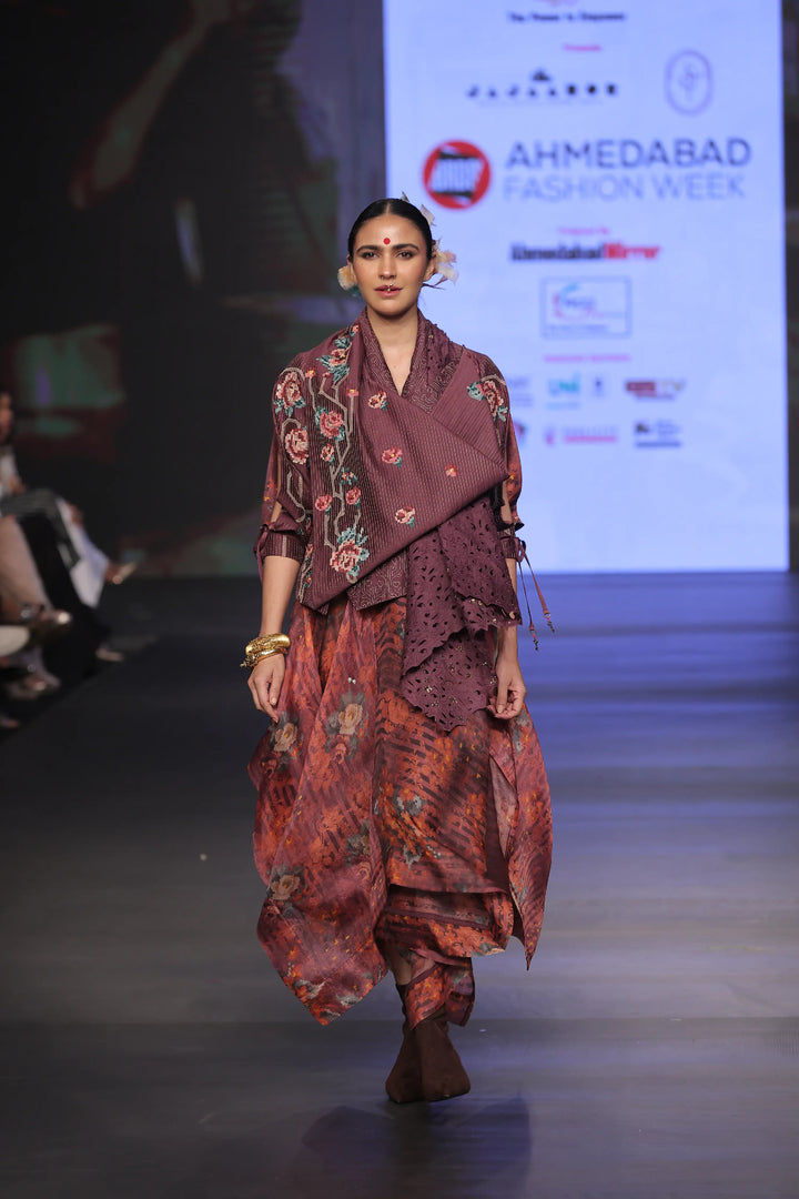 Engineered Draped Jacket With Printed Organza Skirt