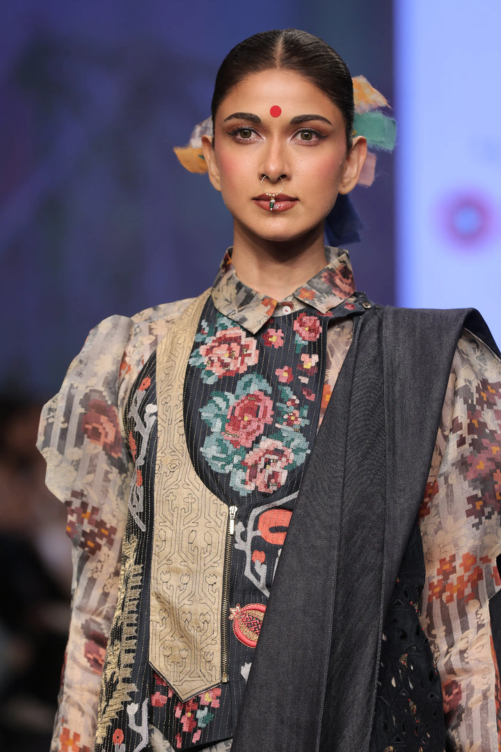 Printed Organza Shirt With Emb Angrakha Style Jacket  And Draped Denim Skirt