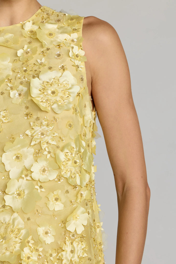 Yellow 3D Floral Embellished Sleeveless Mini Dress
