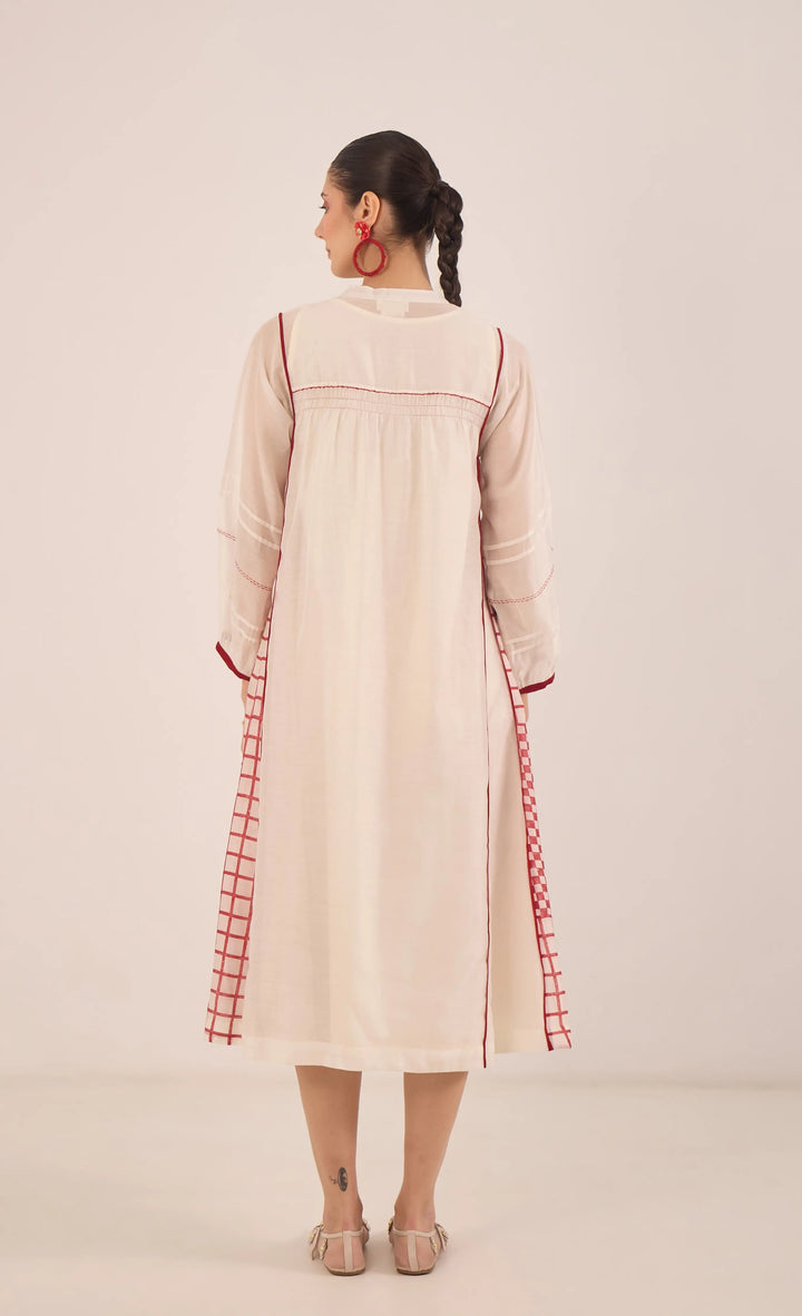 Firdaus: Chanderi Side Check Kali Embroidered Kurta Set Ivory And Red