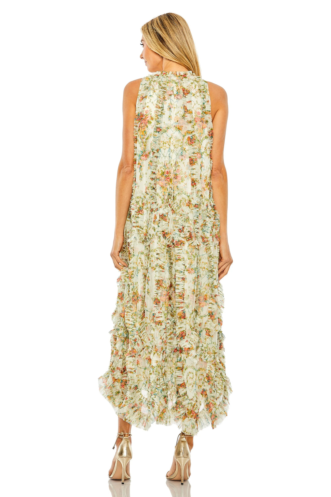 Ivory Sleeveless High Neck Ruffle Floral Dress