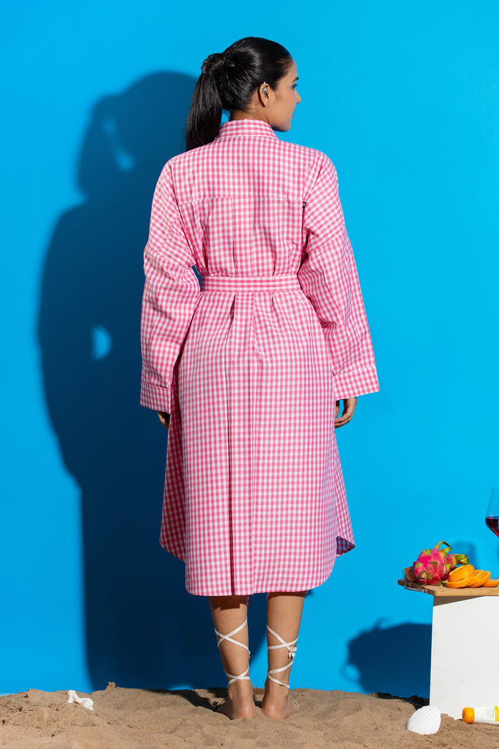 Pink check pocket embellished shirt dress
