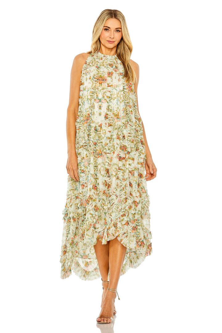 Ivory Sleeveless High Neck Ruffle Floral Dress