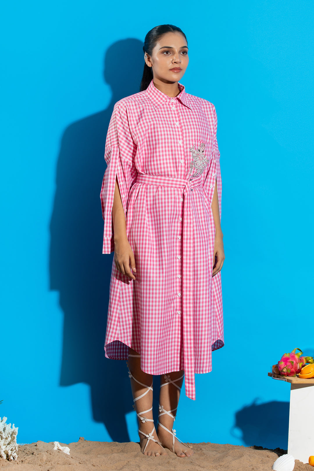 Pink check pocket embellished shirt dress