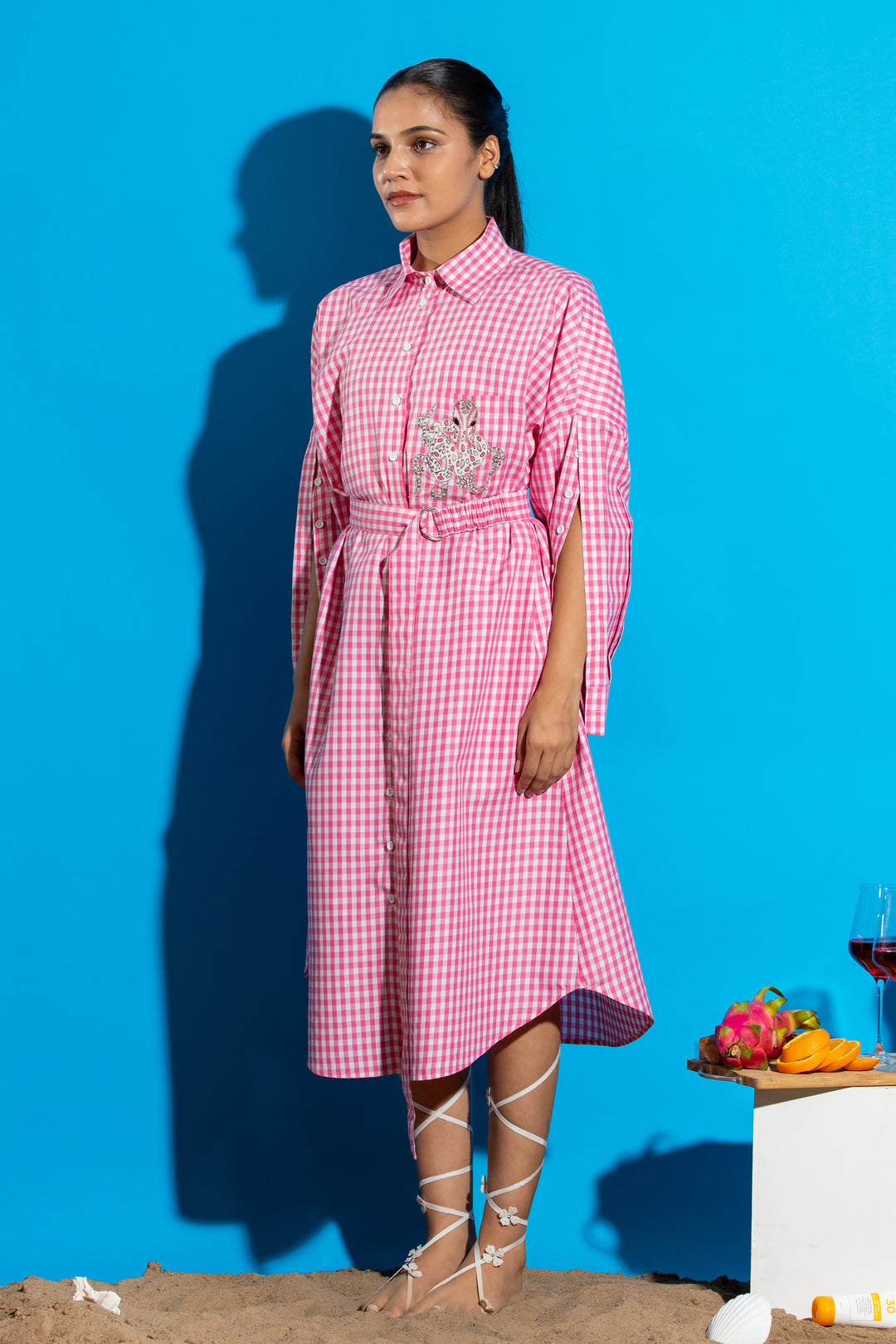 Pink check pocket embellished shirt dress