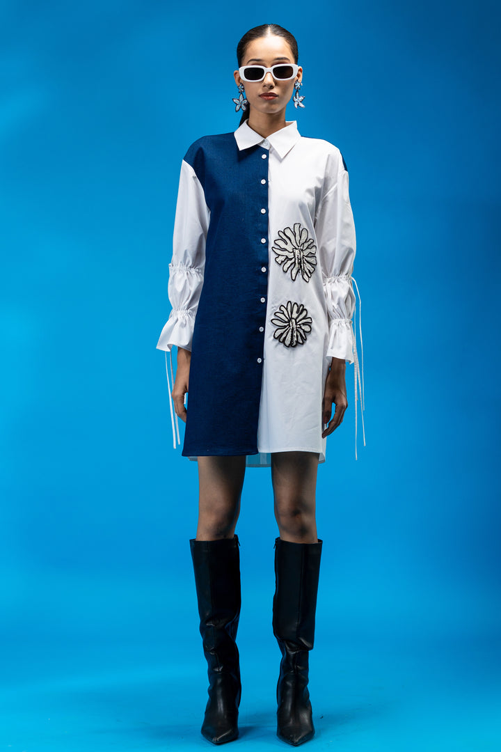 Two-tone shirt dress with hand embroidered floral detail - White/Blue
