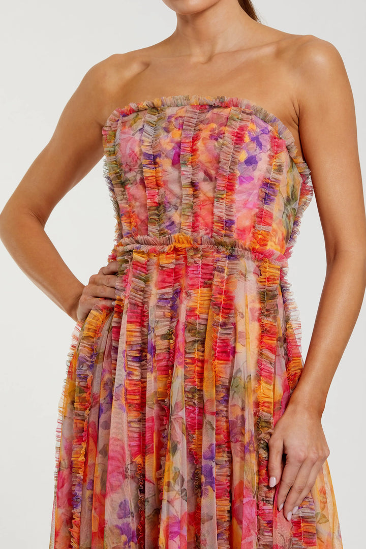 Multicolor Strapless Floral Ruffle Dress