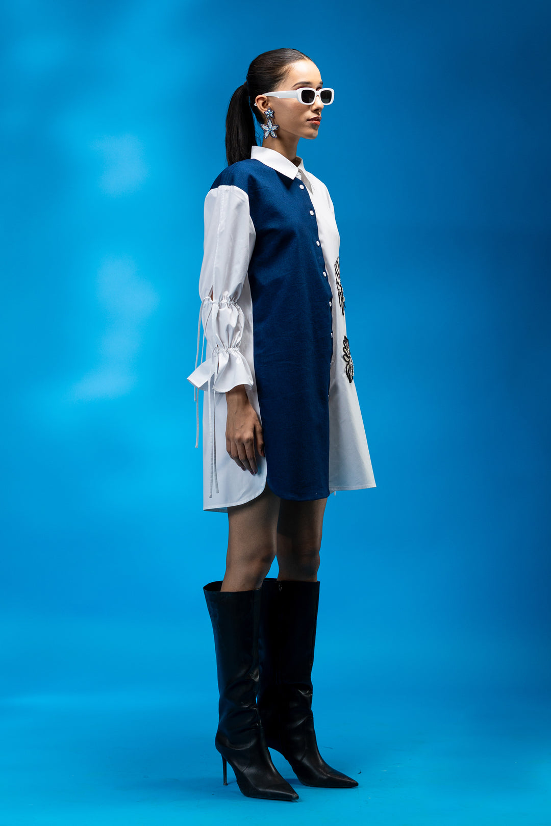 Two-tone shirt dress with hand embroidered floral detail - White/Blue