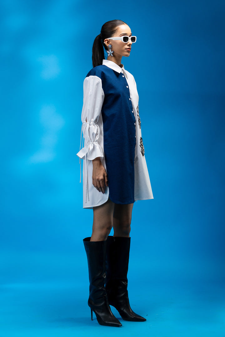Two-tone shirt dress with hand embroidered floral detail - White/Blue