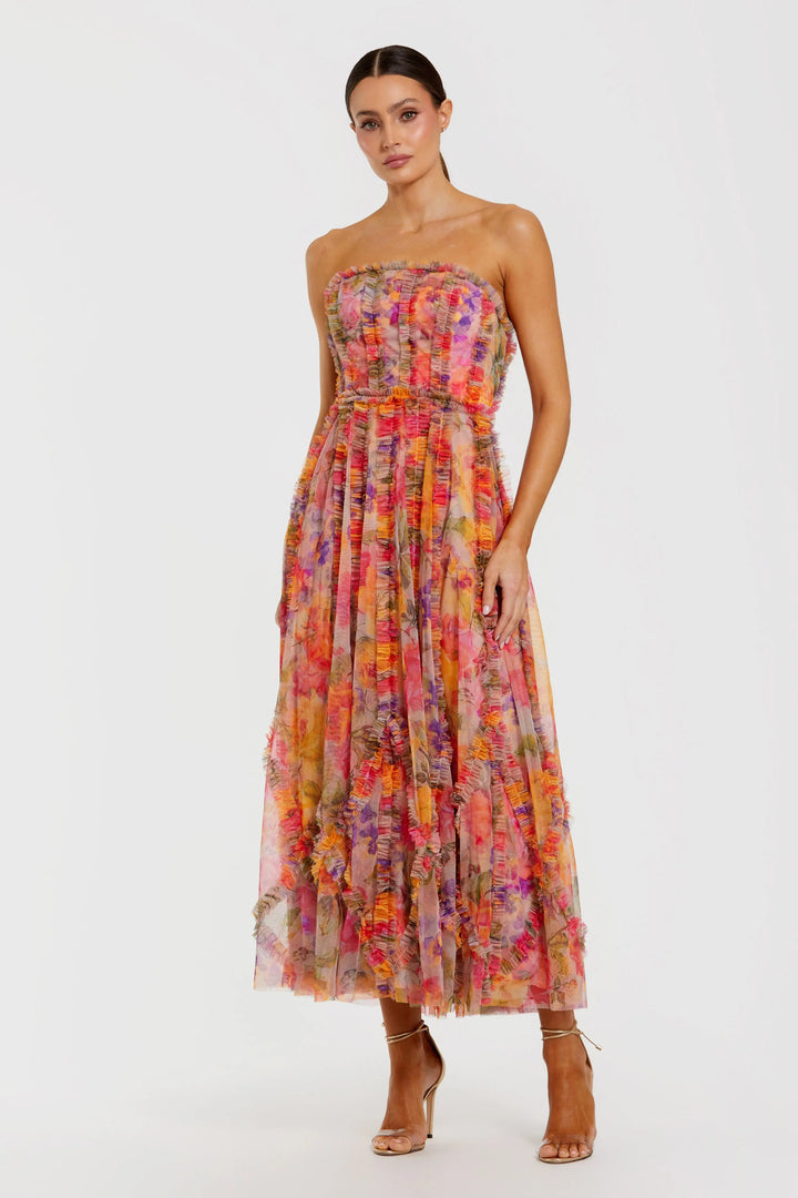 Multicolor Strapless Floral Ruffle Dress