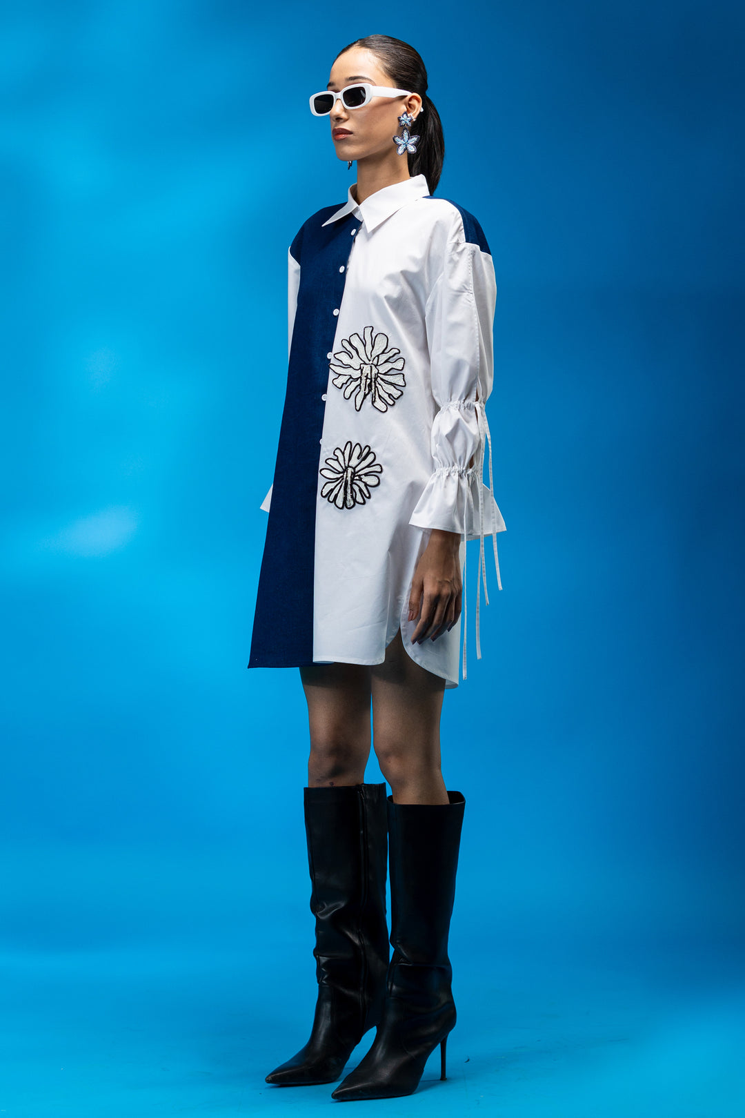 Two-tone shirt dress with hand embroidered floral detail - White/Blue
