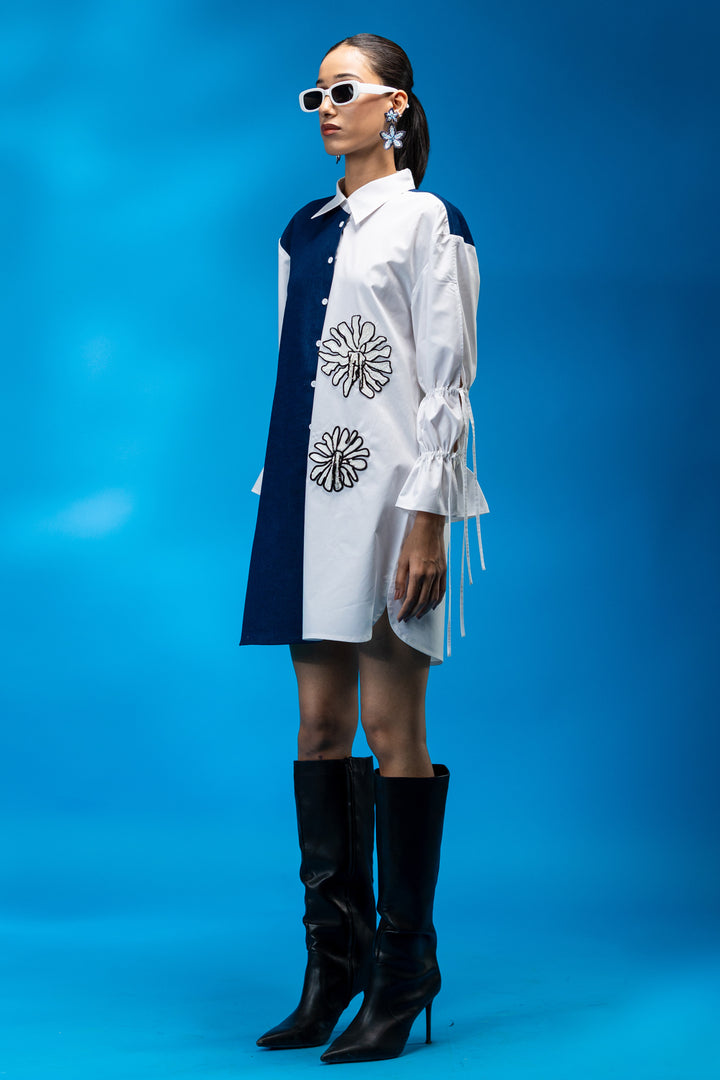 Two-tone shirt dress with hand embroidered floral detail - White/Blue