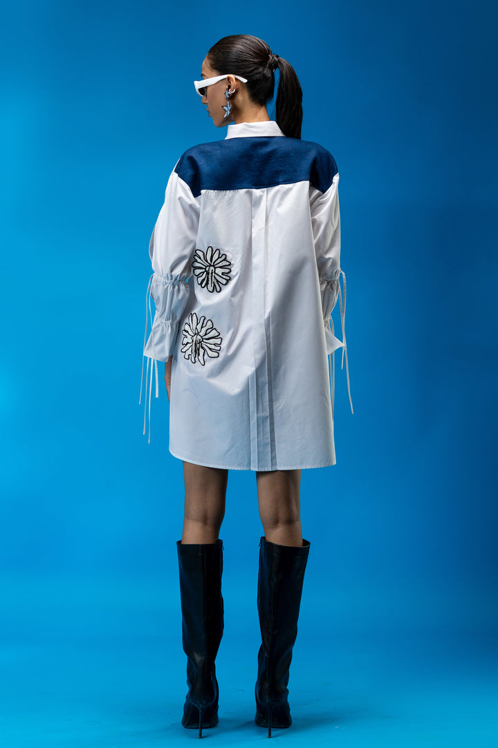Two-tone shirt dress with hand embroidered floral detail - White/Blue