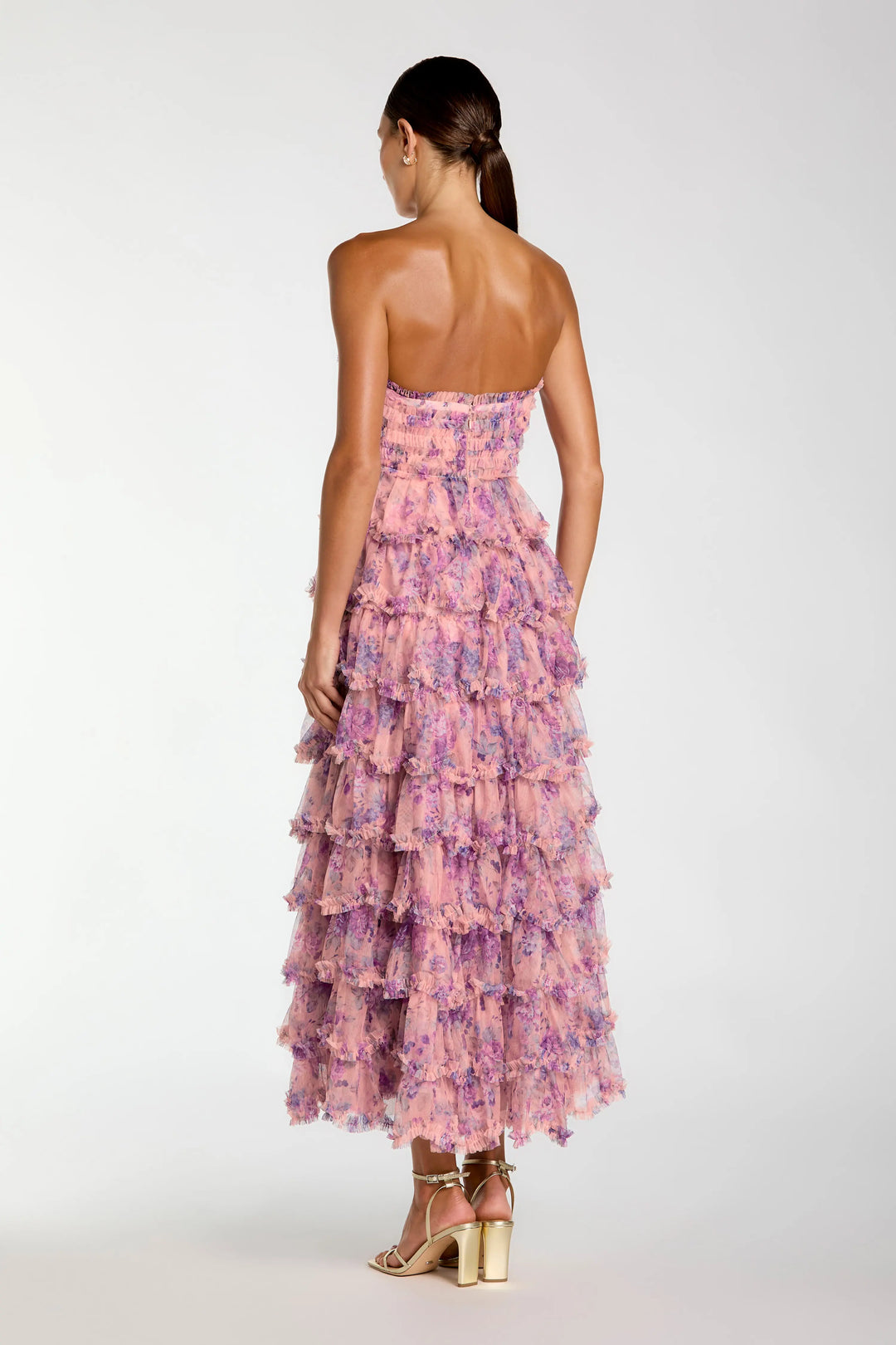 Pink Floral Ruffle Tiered Strapless Midi Dress