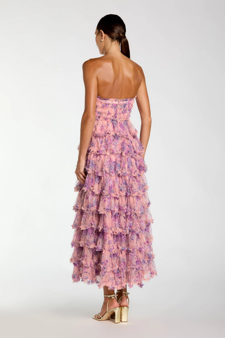 Pink Floral Ruffle Tiered Strapless Midi Dress