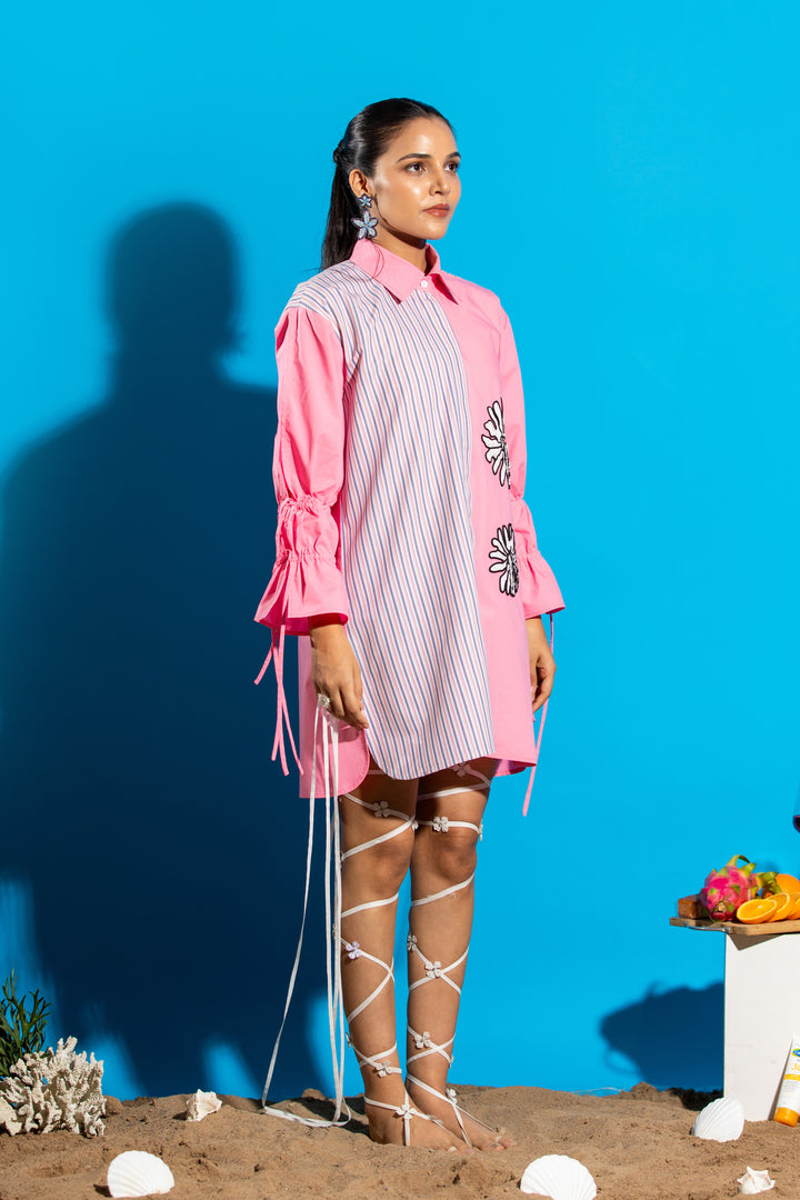 Two-tone shirt dress with hand embroidered floral detail -Pink/Stripe