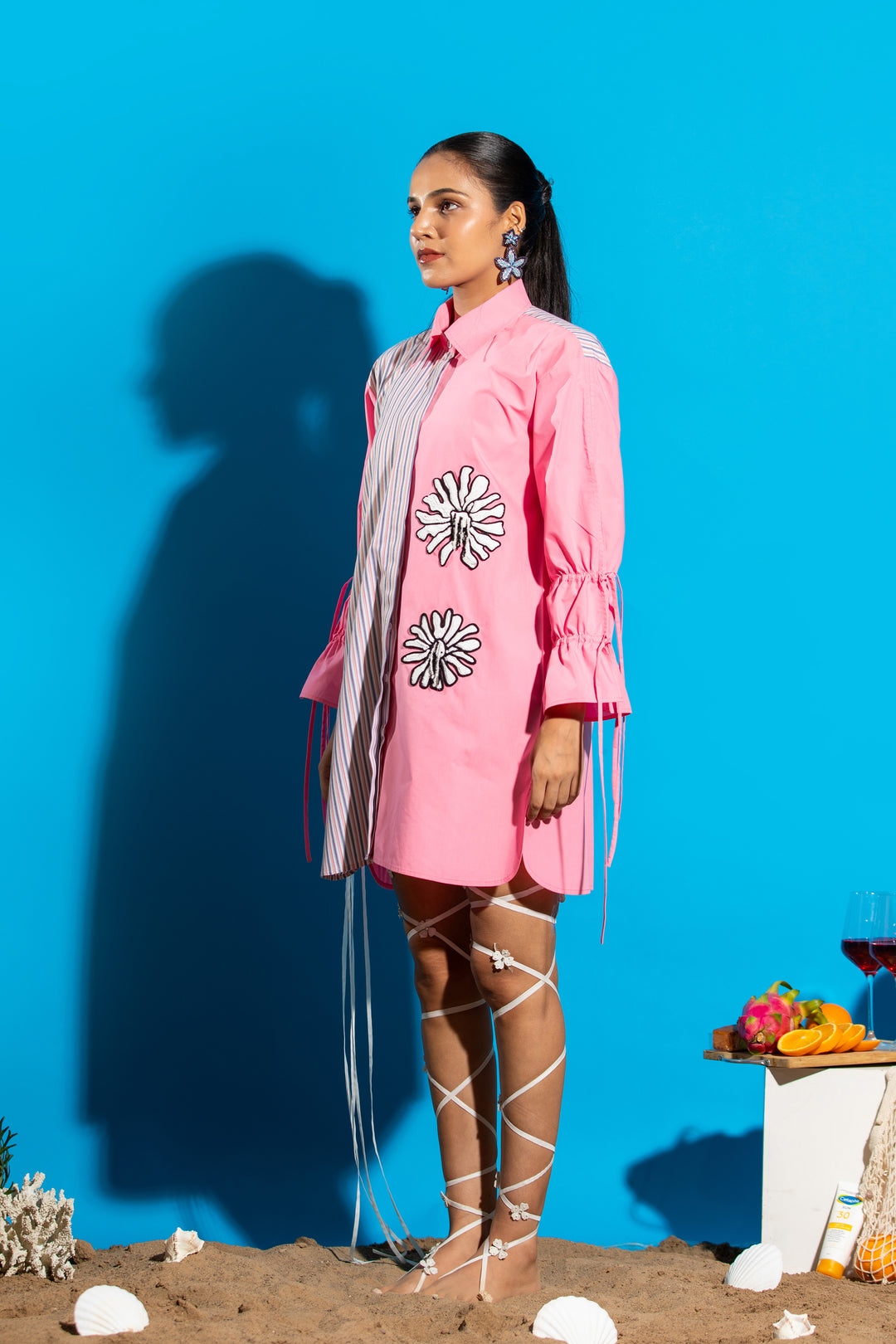 Two-tone shirt dress with hand embroidered floral detail -Pink/Stripe