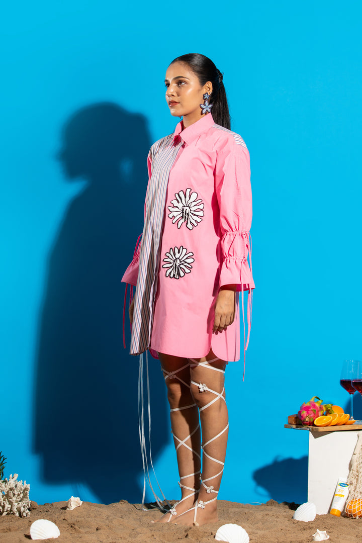 Two-tone shirt dress with hand embroidered floral detail -Pink/Stripe