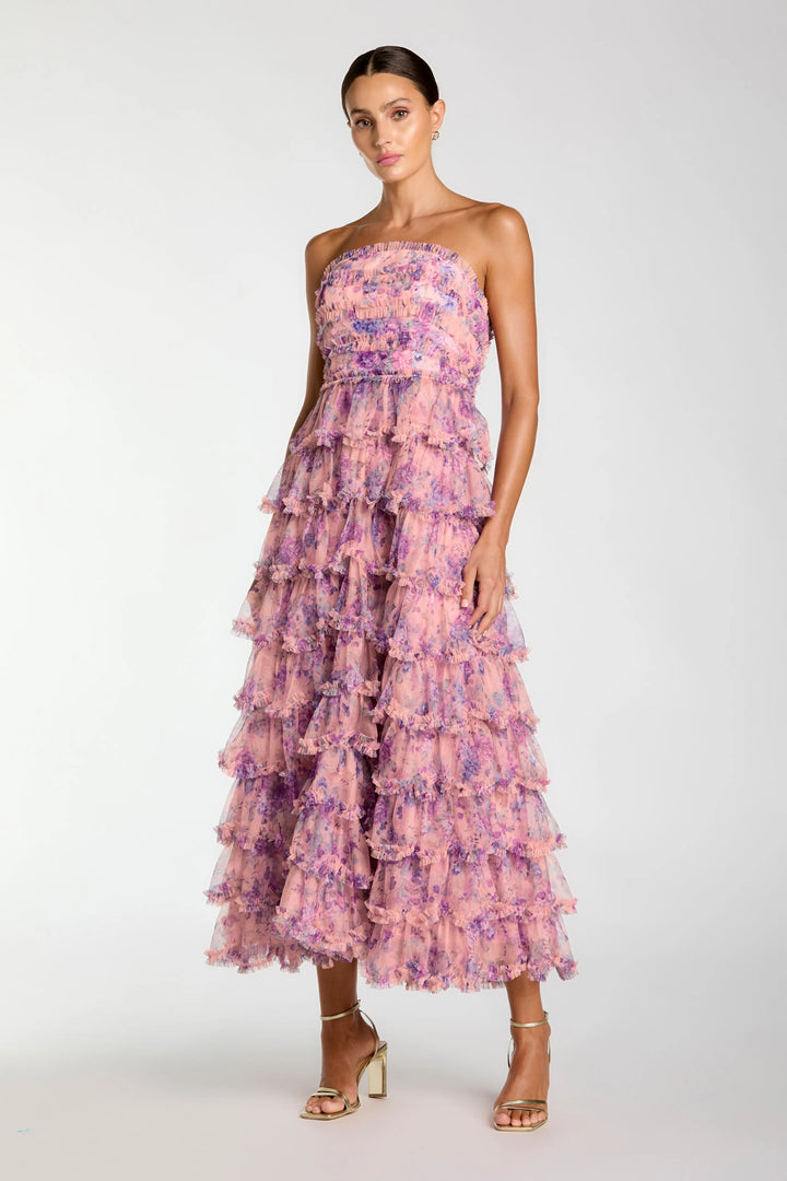 Pink Floral Ruffle Tiered Strapless Midi Dress