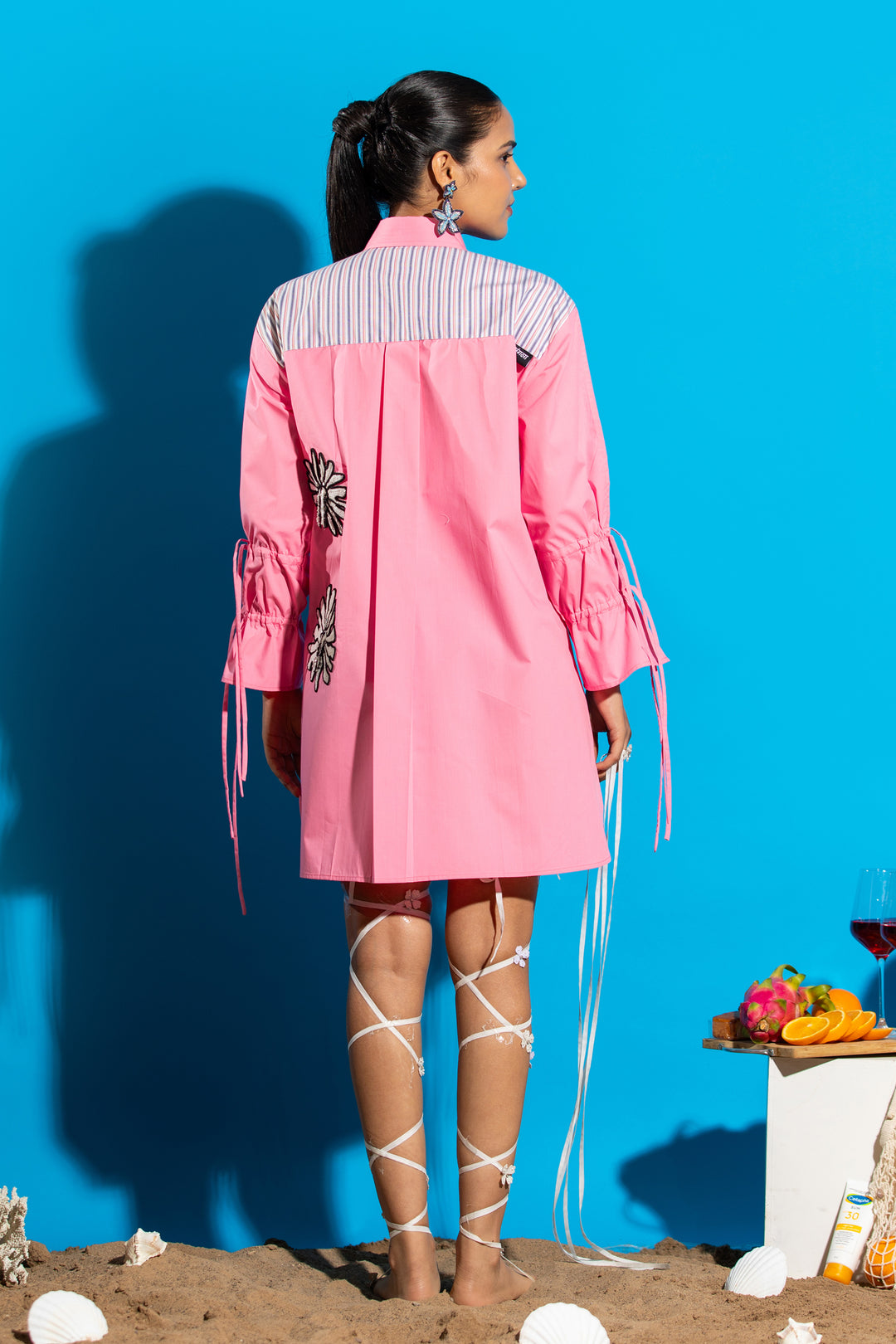 Two-tone shirt dress with hand embroidered floral detail -Pink/Stripe
