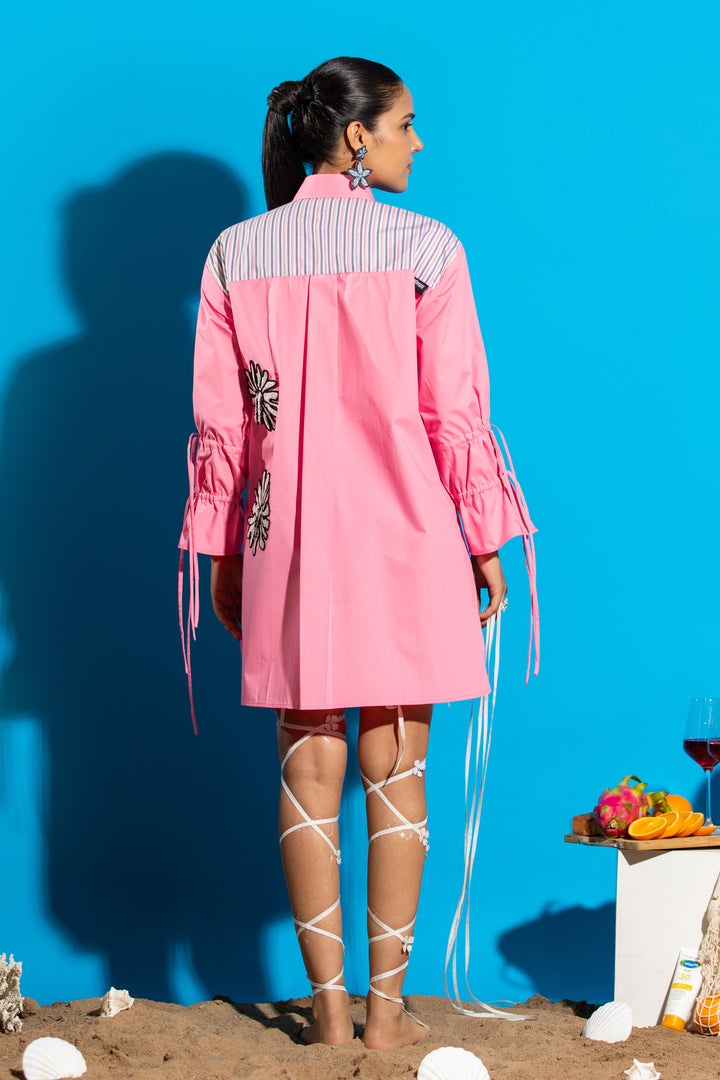 Two-tone shirt dress with hand embroidered floral detail -Pink/Stripe