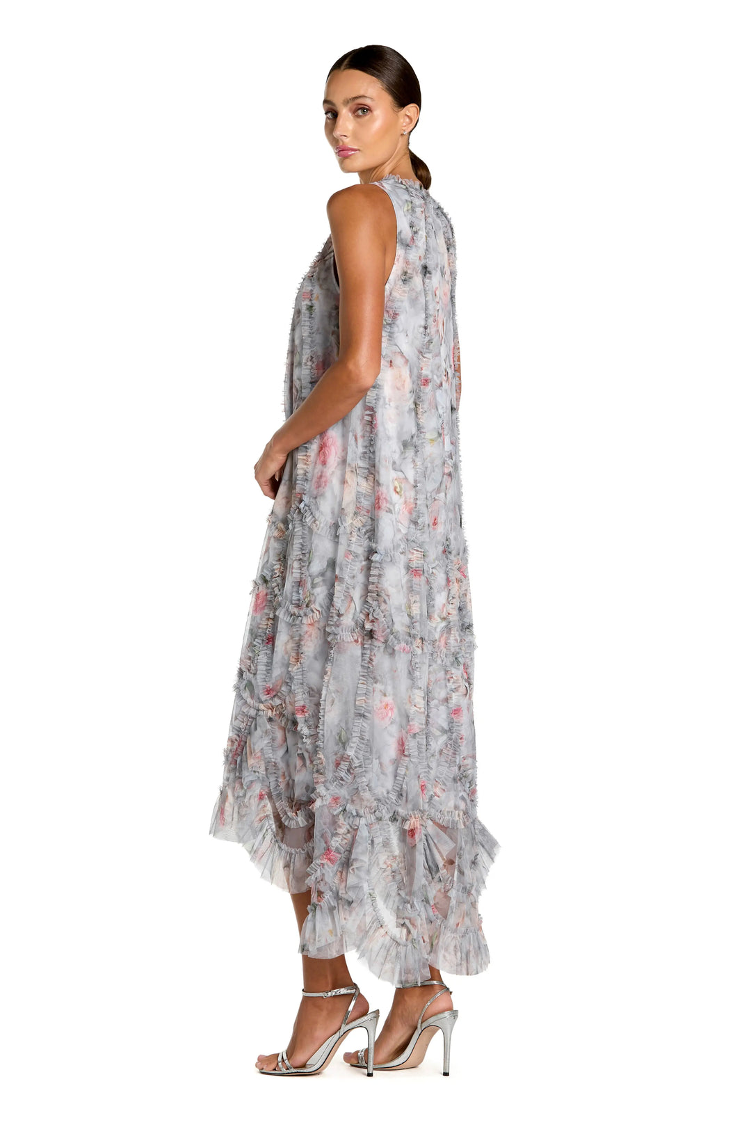 Gray Floral Ruffle High Neck Midi Dress