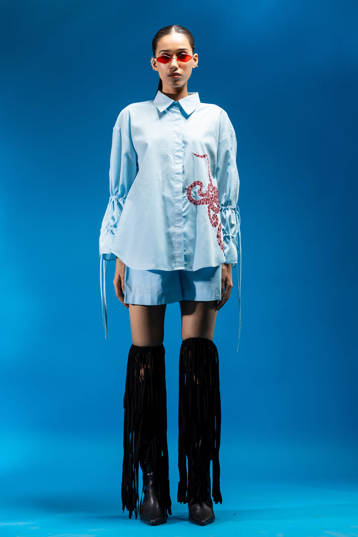 Sky blue shirt with octopus tentacle embroidery