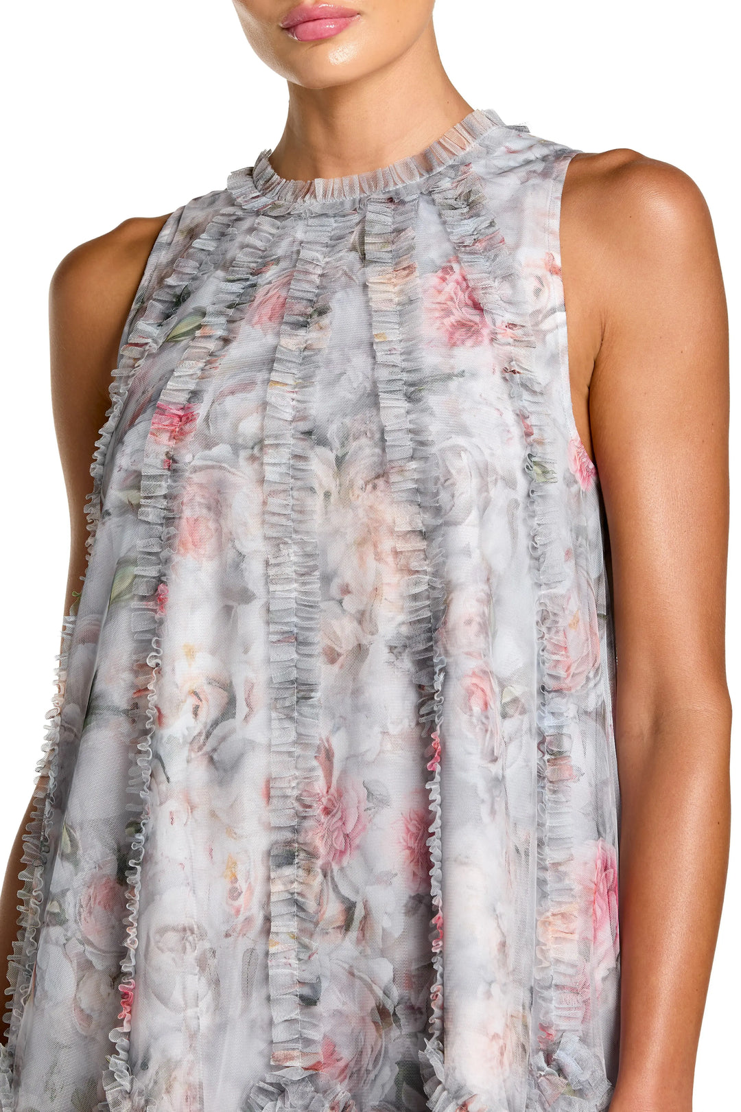 Gray Floral Ruffle High Neck Midi Dress