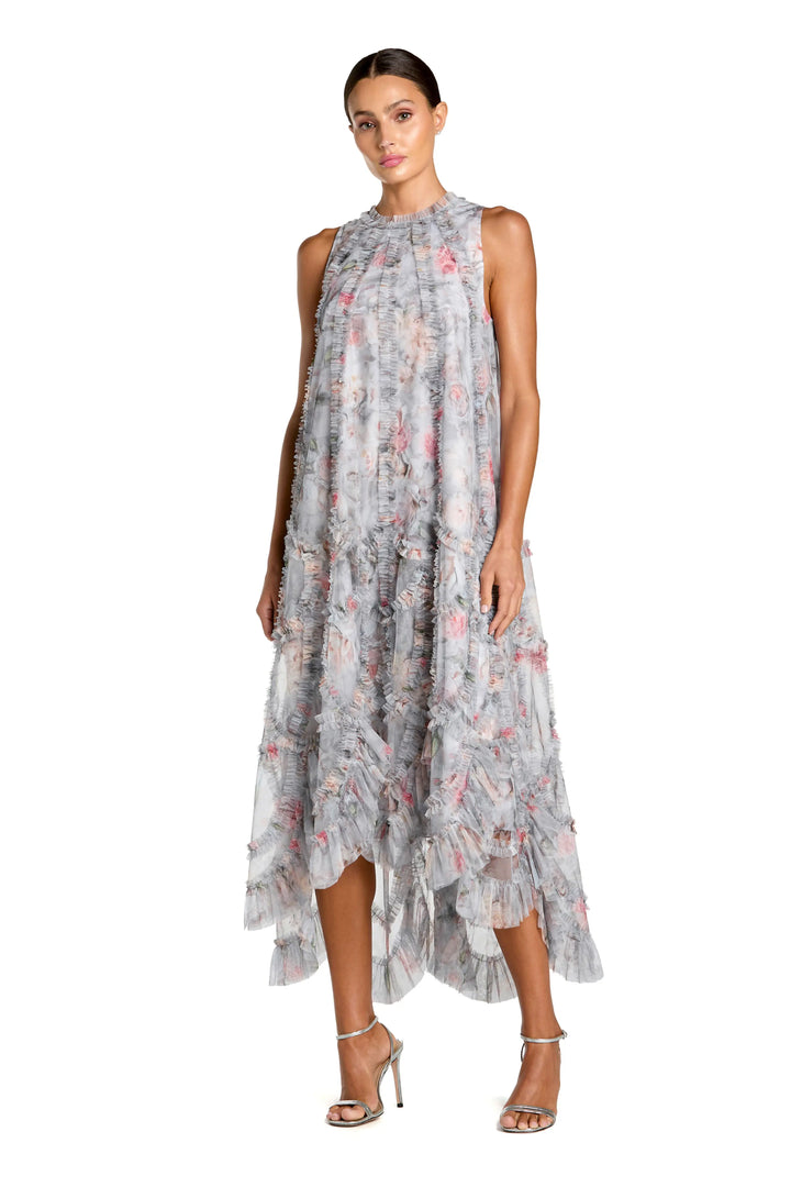 Gray Floral Ruffle High Neck Midi Dress