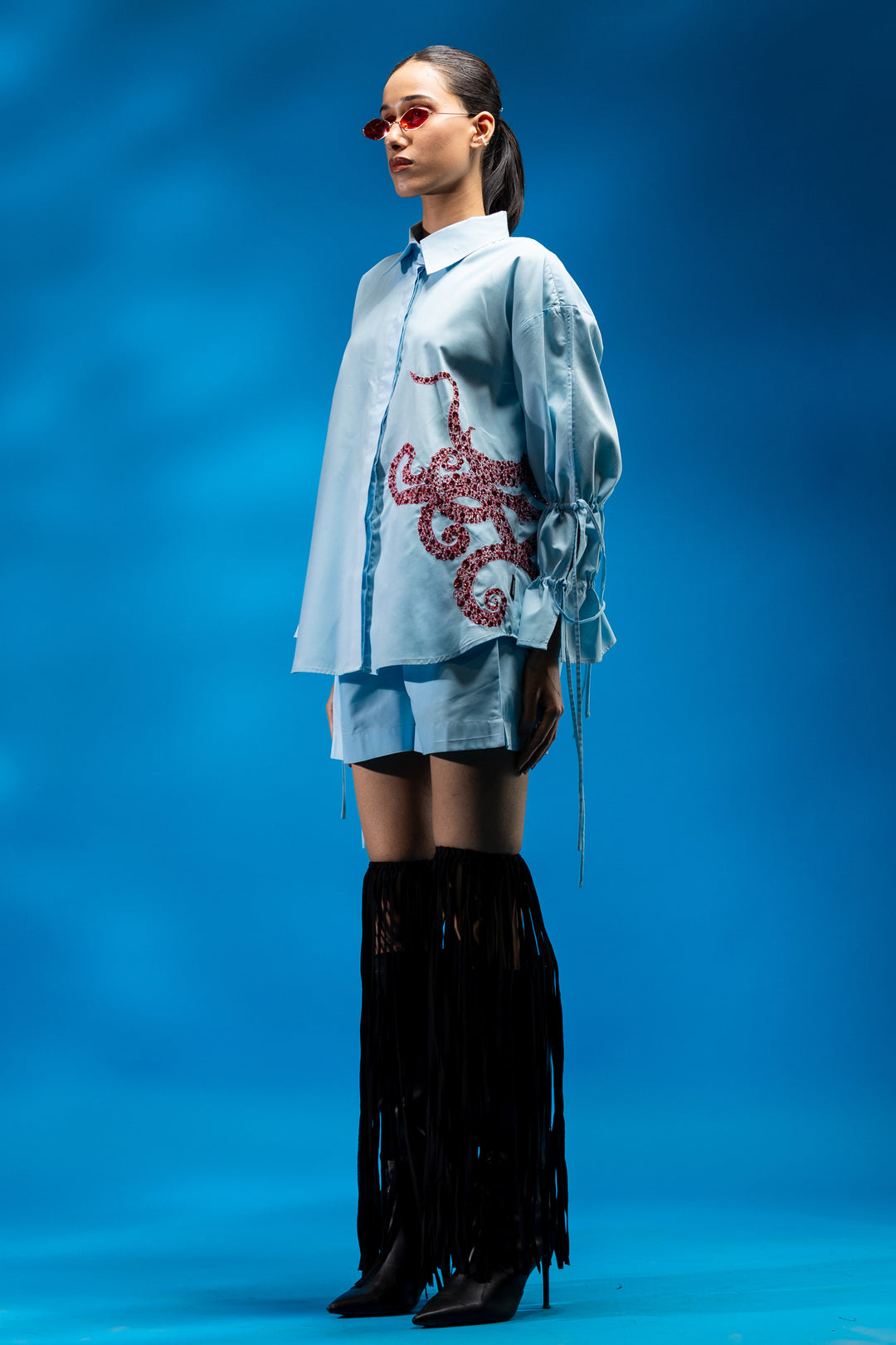 Sky blue shirt with octopus tentacle embroidery